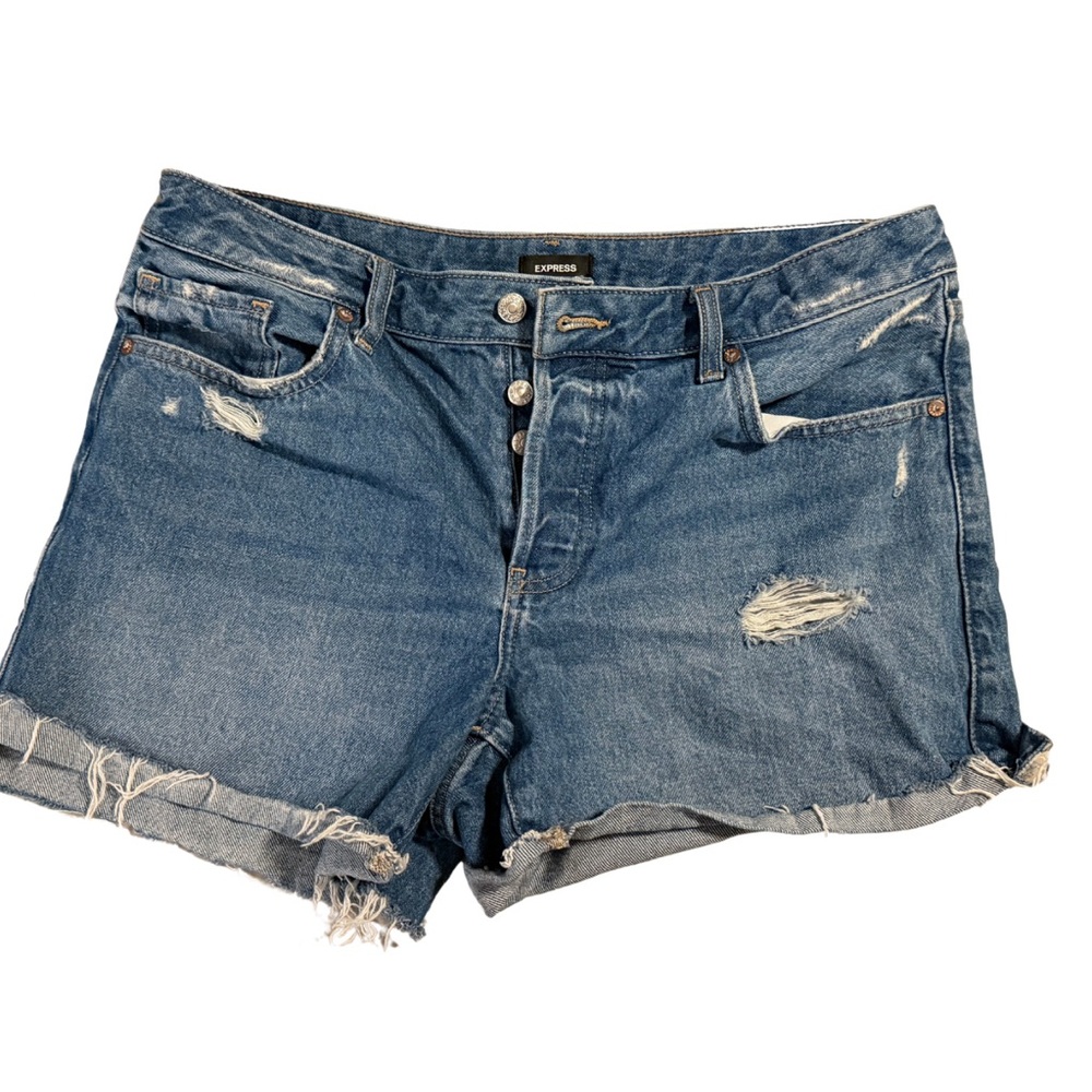 Express Boyfriend Midi Mid Rise Denim Short- Blue SZ 10 Pre-Loved